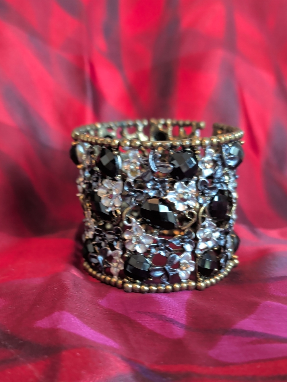 Elegant Black Crystal Filigree Cuff Bracelet